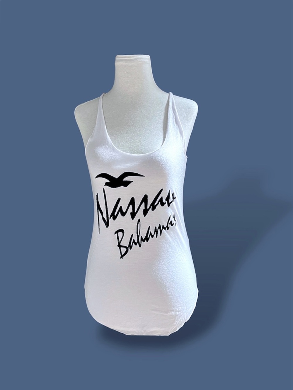 Women’s White Graphic Tank Top Size Small Nassau Bahamas Cut Out Back